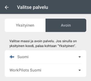 Kuvakaappaus sovelluksesta sivulta Valitse palvelu. Valittuna vaihtoehto 