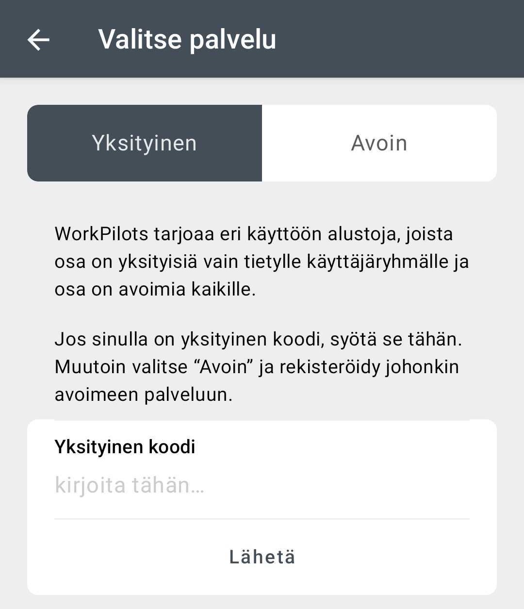 Sovelluksen Valitse palvelu -sivu, jossa kenttä yksityiselle koodille